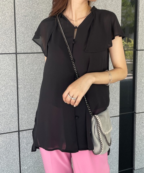 StyleSea（スタイルシー）の「ラッフルカラーノースリーブブラウス（シャツ/ブラウス・レディース・アイボリー/ラベンダー/ライム/ブラック・MEDIUM）」の3枚目の写真