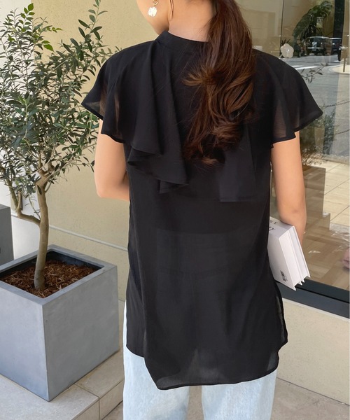 StyleSea（スタイルシー）の「ラッフルカラーノースリーブブラウス（シャツ/ブラウス・レディース・アイボリー/ラベンダー/ライム/ブラック・MEDIUM）」の14枚目の写真