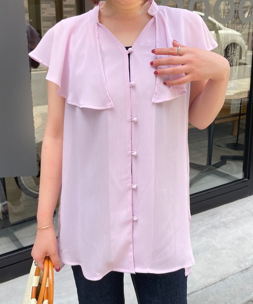 StyleSea（スタイルシー）の「ラッフルカラーノースリーブブラウス（シャツ/ブラウス・レディース・アイボリー/ラベンダー/ライム/ブラック・MEDIUM）」の16枚目の写真