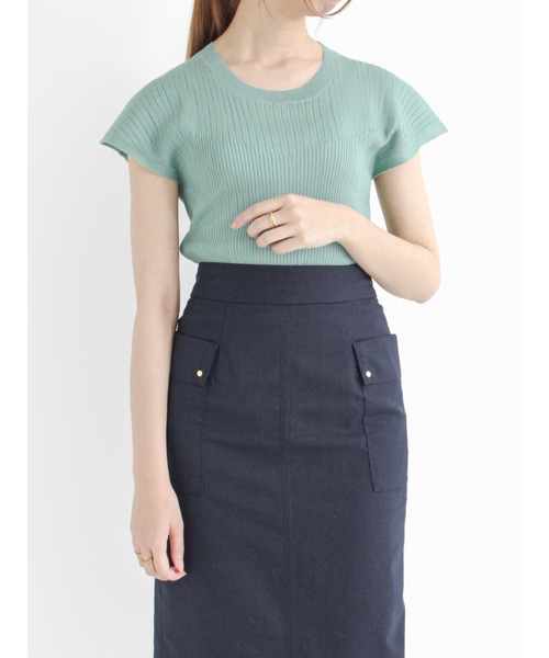 Te chichi（テチチ）の「LEVITA フレンチスリーブリブニット（ニット/セーター・レディース・グリーン/ネイビー/ベージュ/グレー・ﾌﾘ-）」の4枚目の写真