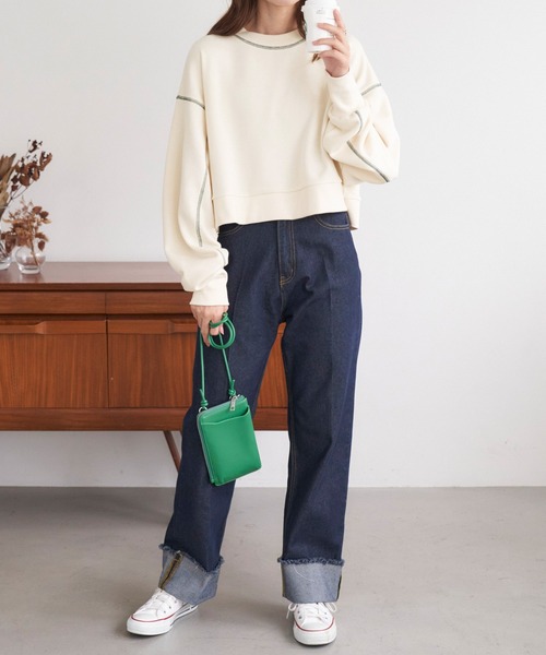 Chaco closet（チャコ クローゼット）の「配色ステッチボリュームスリーブショート丈スウェット（スウェット・レディース・オートミール/チャコール/ネイビー/アイボリー/杢グレー・FREE）」の18枚目の写真