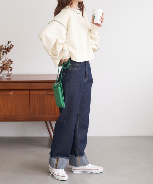 Chaco closet（チャコ クローゼット）の「配色ステッチボリュームスリーブショート丈スウェット（スウェット・レディース・オートミール/チャコール/ネイビー/アイボリー/杢グレー・FREE）」の13枚目の写真