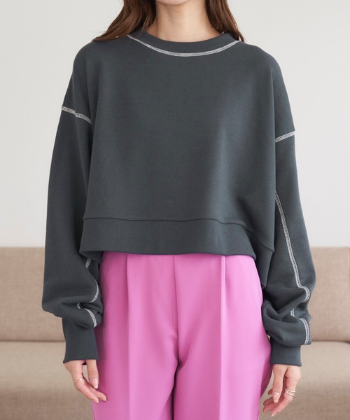 Chaco closet（チャコ クローゼット）の「配色ステッチボリュームスリーブショート丈スウェット（スウェット・レディース・オートミール/チャコール/ネイビー/アイボリー/杢グレー・FREE）」の22枚目の写真