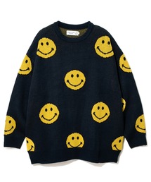 Rie Miller スマイリーフェイス刺繍 長袖ニットセーター ネイビー SMILEY FACE（スマイリーフェイス）の「SMILEY FACE/スマイリー
