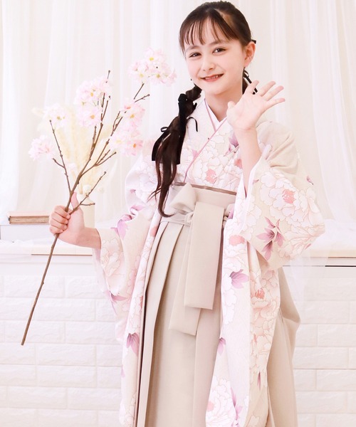 ガールズ 簡易袴 5点セット ( 二尺袖 + 帯 + 袴 + 襦袢+ 腰紐 )（着物