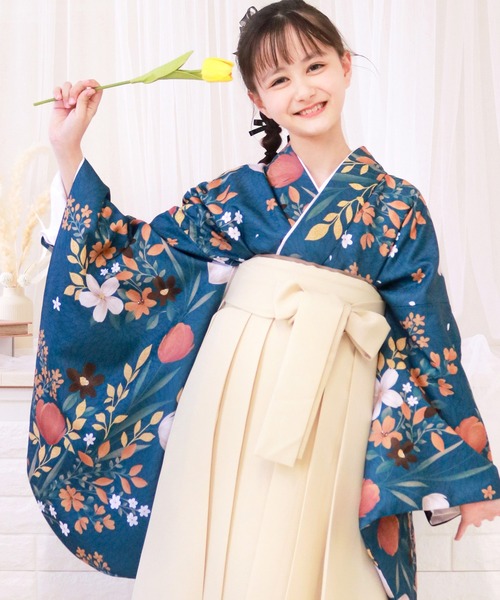 ガールズ 簡易袴 5点セット ( 二尺袖 + 帯 + 袴 + 襦袢+ 腰紐 )（着物