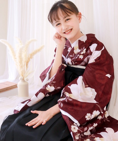 ガールズ 簡易袴 5点セット ( 二尺袖 + 帯 + 袴 + 襦袢+ 腰紐 )（着物