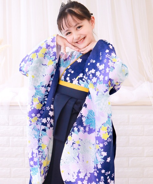 ガールズ 簡易袴 5点セット ( 二尺袖 + 帯 + 袴 + 襦袢+ 腰紐 )（着物