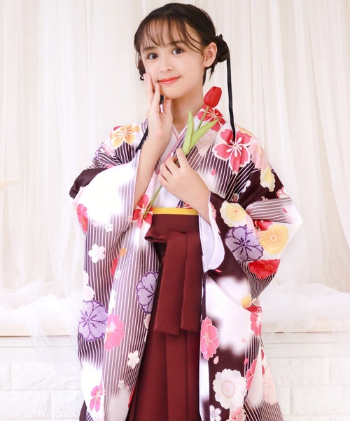 ガールズ 簡易袴 5点セット ( 二尺袖 + 帯 + 袴 + 襦袢+ 腰紐 )（着物