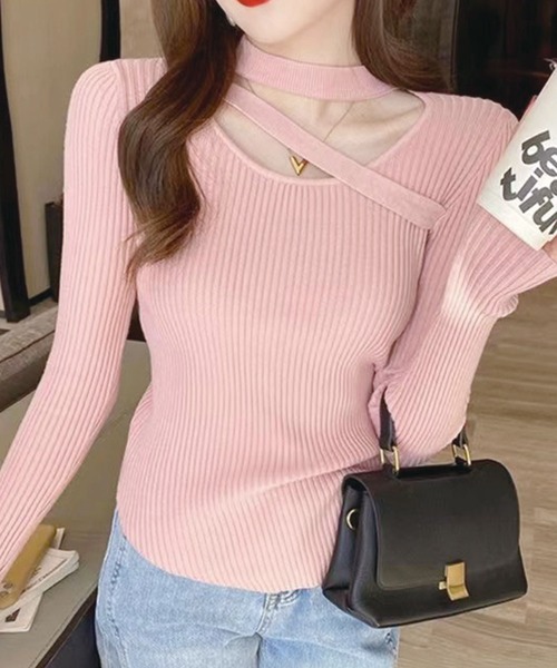 SPIGA（スピーガ）の「デコルテクロスリブニット（ニット/セーター・レディース・ブラック/ホワイト/ピンク/ダークベージュ・FREE）」の4枚目の写真