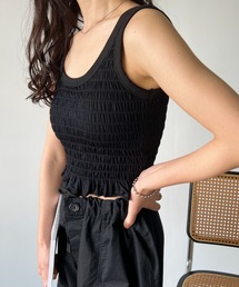 パット付き シャーリング スクエアネック タンクトップ