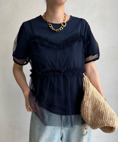 DouDou(ドゥドゥ)の「【WEB限定】チュールビスチェ+Tシャツセット(Tシャツ/カットソー・レディース・ネイビー/ブラック・FREE)」の8枚目の写真