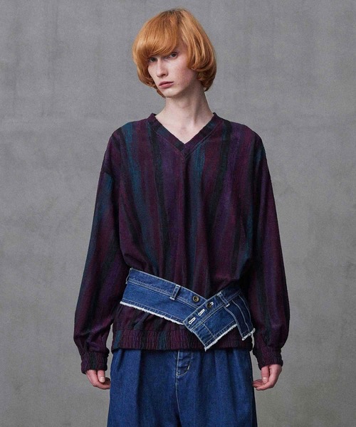 SHAREEF(シャリーフ)の「BRUSHING LINE JQ V-NECK L/S(Tシャツ/カットソー・メンズ・チャコール/パープル/オレンジ・1/2/3)」の3枚目の写真