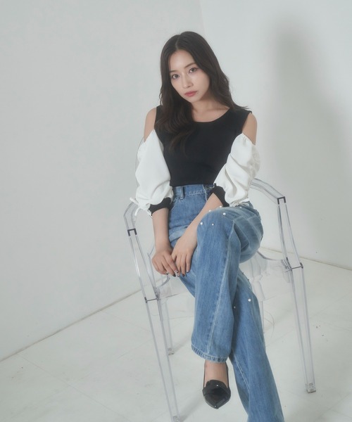 ANDGEEBEE(アンジービー)の「ギャザースリーブニットトップス(その他トップス・レディース・ブラック×ホワイト/ピンク・MEDIUM)」の5枚目の写真