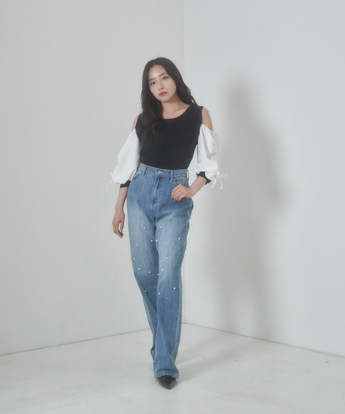 ANDGEEBEE(アンジービー)の「ギャザースリーブニットトップス(その他トップス・レディース・ブラック×ホワイト/ピンク・MEDIUM)」の6枚目の写真