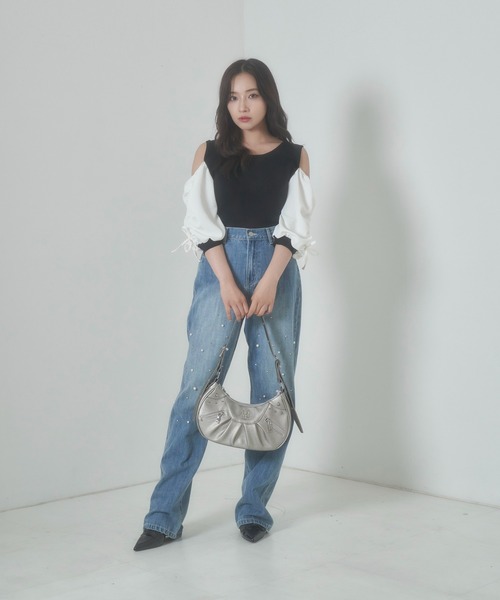 ANDGEEBEE(アンジービー)の「ギャザースリーブニットトップス(その他トップス・レディース・ブラック×ホワイト/ピンク・MEDIUM)」の7枚目の写真