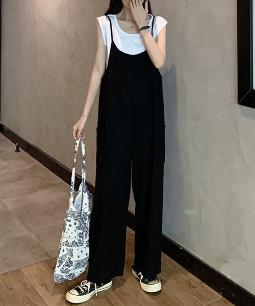gossip!ロサンゼルス(ゴシップロサンゼルス)の「YUGA ワイドレッグ オーバーオール(サロペット/オーバーオール・レディース・ブラック/ブラウン・FREE)」の1枚目の写真