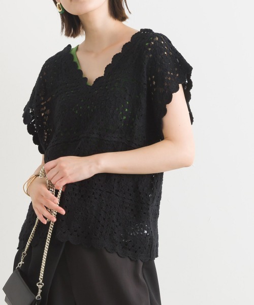 terrace(テラス)の「クロシェ編みトップ(Tシャツ/カットソー・レディース・ブラック/オフホワイト・MEDIUM)」の2枚目の写真