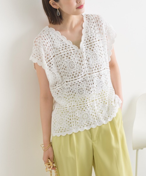 terrace(テラス)の「クロシェ編みトップ(Tシャツ/カットソー・レディース・ブラック/オフホワイト・MEDIUM)」の14枚目の写真