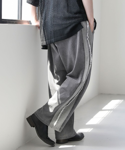 セール】ヴィンテージ加工サイドフリンジ切替ワイドバギーデニム