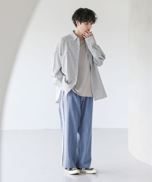 BLINDNOPLAN ミリタリー フリンジ 切替 デニムパンツ セール】ヴィンテージ加工サイドフリンジ切替ワイドバギーデニム