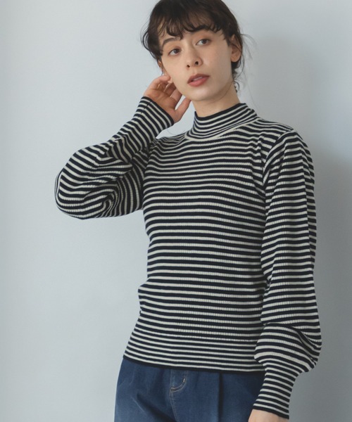 pairmanon(ペアマノン)の「【ママサイズ】細ボーダー 配色 パフスリーブ ニット プルオーバー(ニット/セーター・レディース・モカ/ブラック/アイボリー・FREE)」の3枚目の写真