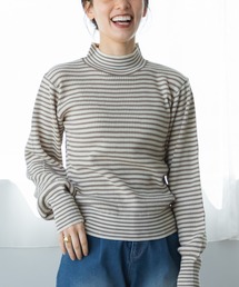 【ママサイズ】細ボーダー 配色 パフスリーブ ニット プルオーバー