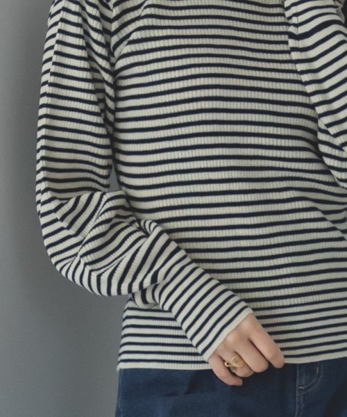 pairmanon(ペアマノン)の「【ママサイズ】細ボーダー 配色 パフスリーブ ニット プルオーバー(ニット/セーター・レディース・モカ/ブラック/アイボリー・FREE)」の5枚目の写真