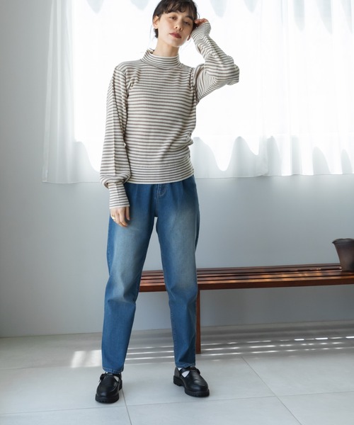 pairmanon(ペアマノン)の「【ママサイズ】細ボーダー 配色 パフスリーブ ニット プルオーバー(ニット/セーター・レディース・モカ/ブラック/アイボリー・FREE)」の4枚目の写真