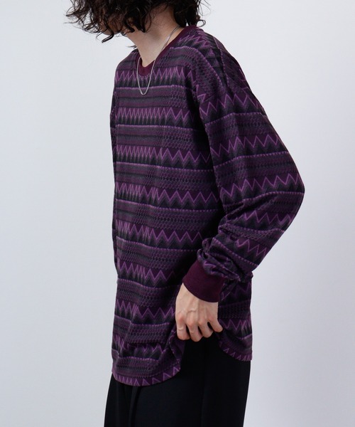 ISSEY MIYAKE / ジャガードボーダー長袖シャツ/9/コットン/BRW/ボーダー/JM13512 セール】ボーダージャガードルーズシルエットロングTシャツ 長袖（T