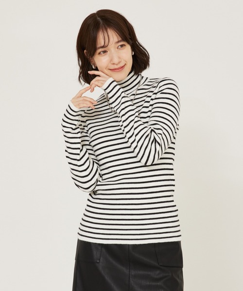 ［美品］HACHIYARDS ハイネックプルオーバー レディース S 黒白 Chez toi（シェトワ） ニット セーター BACKスリットハイネックプル