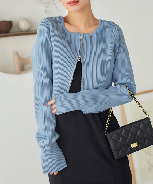 KOBE LETTUCE(コウベレタス)の「Wジップショート丈リブニットトップス(ニット/セーター・レディース・レッド/ホワイト系/ブルー/グレー/ブラック/オフホワイト/ミント/ピンク・M)」の6枚目の写真