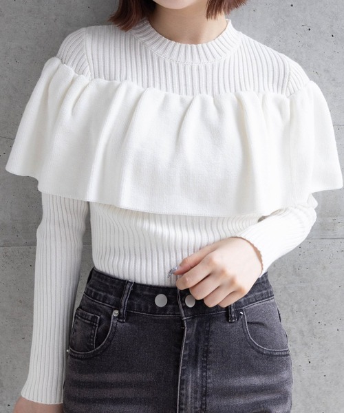 clear（クリア）の「ギャザーケープニットトップス［大人 フェミニン 春ニット］≪再入荷≫（ニット/セーター・レディース・オフホワイト/ベージュ/ブラック・F）」の2枚目の写真