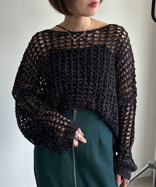 apres jour mignon(アプレジュールミニョン)の「ラメメッシュニット【ZOZOTOWN限定アイテム】(ニット/セーター・レディース・ピンク/ブラック/オフホワイト/ブルー・X-LARGE/フリー)」の2枚目の写真