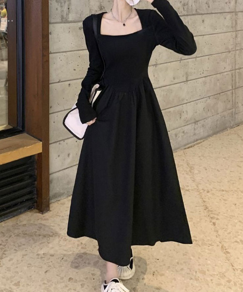 VIVID LADY(ビビッドレディー)の「スクエアネックスリムフレアワンピース ロング丈 長袖(ワンピース・レディース・ブラック・FREE)」の8枚目の写真