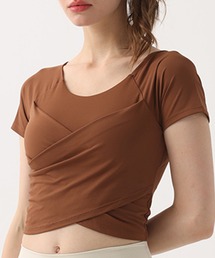 HYSSHOP(エイチワイエスショップ)のレディース 半袖くしゅっとクロス風クロップド丈フィットネスブラトップスヨガピラティスウェア(その他トップス)