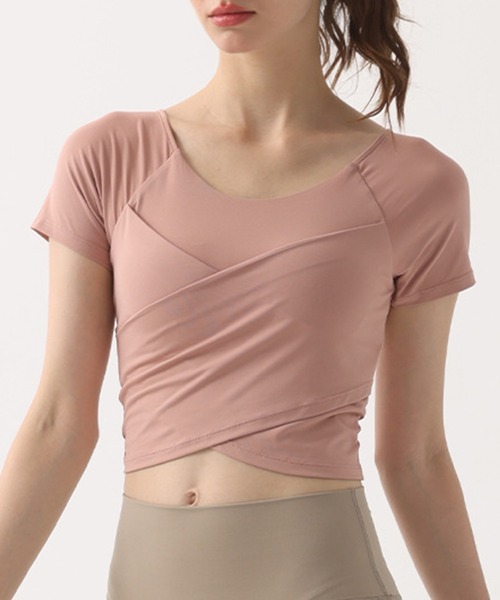 HYSSHOP（エイチワイエスショップ）の「【大きいサイズ有/カップ付き/吸汗速乾/伸縮性有/クロップド丈】半袖 くしゅっとクロス風フィットネス ブラトップス レディース[トレーニングウェア/ジムウェア/ピラティスウェア]（その他トップス・レディース・ブラウン/グリーン系その他/ブラック/ペールイエロー/スモークピンク/ホワイト/パープル系その他・S/M/L/XL）」の7枚目の写真