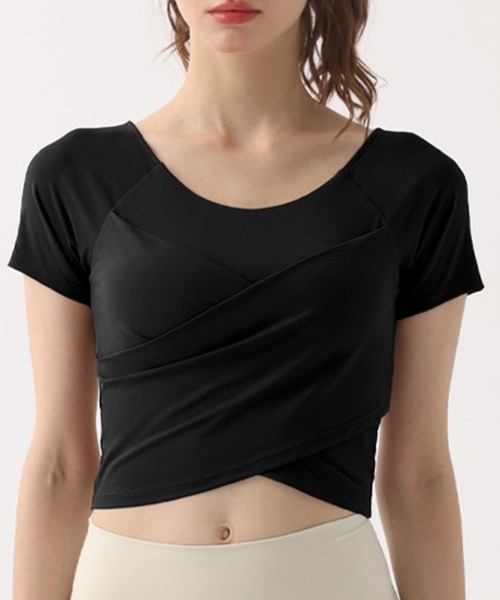 HYSSHOP（エイチワイエスショップ）の「【大きいサイズ有/カップ付き/吸汗速乾/伸縮性有/クロップド丈】半袖 くしゅっとクロス風フィットネス ブラトップス レディース[トレーニングウェア/ジムウェア/ピラティスウェア]（その他トップス・レディース・ブラウン/グリーン系その他/ブラック/ペールイエロー/スモークピンク/ホワイト/パープル系その他・S/M/L/XL）」の3枚目の写真