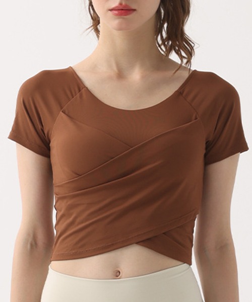 セール】レディース 半袖くしゅっとクロス風クロップド丈フィットネス