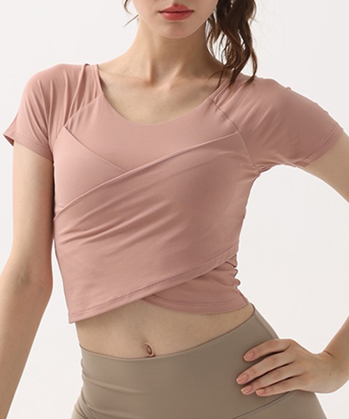 HYSSHOP（エイチワイエスショップ）の「【大きいサイズ有/カップ付き/吸汗速乾/伸縮性有/クロップド丈】半袖 くしゅっとクロス風フィットネス ブラトップス レディース[トレーニングウェア/ジムウェア/ピラティスウェア]（その他トップス・レディース・ブラウン/グリーン系その他/ブラック/ペールイエロー/スモークピンク/ホワイト/パープル系その他・S/M/L/XL）」の18枚目の写真