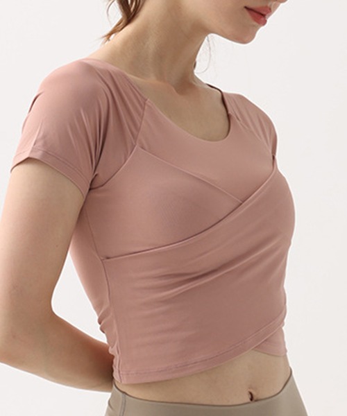 HYSSHOP（エイチワイエスショップ）の「【大きいサイズ有/カップ付き/吸汗速乾/伸縮性有/クロップド丈】半袖 くしゅっとクロス風フィットネス ブラトップス レディース[トレーニングウェア/ジムウェア/ピラティスウェア]（その他トップス・レディース・ブラウン/グリーン系その他/ブラック/ペールイエロー/スモークピンク/ホワイト/パープル系その他・S/M/L/XL）」の19枚目の写真