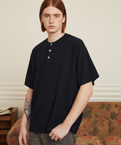 Ressaca(レサーカ)の「ハーフジップ/スナップボタン オーバーサイズワッフル半袖Tシャツ(Tシャツ/カットソー・メンズ・グレー系/ブラック系/ホワイト系/ブラック/ホワイト/グレー・M/XL/L)」の21枚目の写真