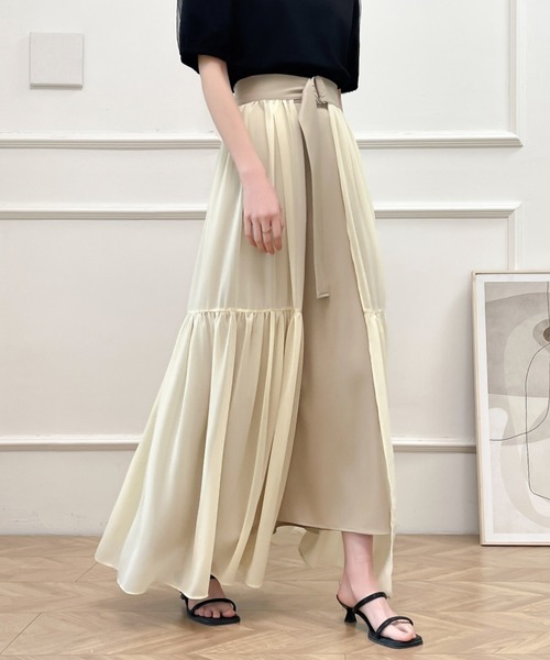 ABITOKYO(アビトーキョー)の「2024年新作 2WAYレイヤード風ラッフル異素材ロングスカート2枚セット(スカート・レディース・チャコールグレー/ブラック/ベージュ/ブルーグレー・S/M/L)」の4枚目の写真