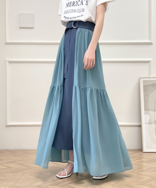 ABITOKYO(アビトーキョー)の「2024年新作 2WAYレイヤード風ラッフル異素材ロングスカート2枚セット(スカート・レディース・チャコールグレー/ブラック/ベージュ/ブルーグレー・S/M/L)」の3枚目の写真