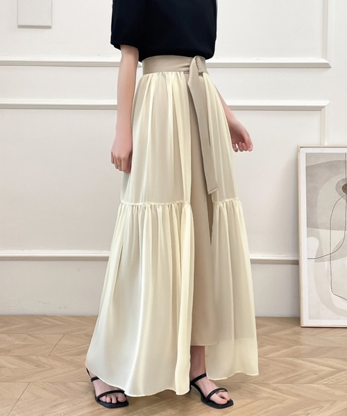 ABITOKYO(アビトーキョー)の「2024年新作 2WAYレイヤード風ラッフル異素材ロングスカート2枚セット(スカート・レディース・チャコールグレー/ブラック/ベージュ/ブルーグレー・S/M/L)」の8枚目の写真