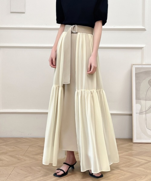 ABITOKYO(アビトーキョー)の「2024年新作 2WAYレイヤード風ラッフル異素材ロングスカート2枚セット(スカート・レディース・チャコールグレー/ブラック/ベージュ/ブルーグレー・S/M/L)」の6枚目の写真