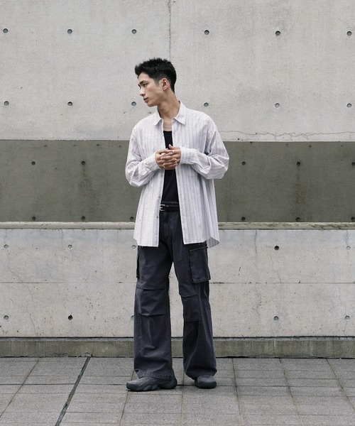 WYM LIDNM（ウィム バイ リドム）の「CUT-OFF HEM STRIPE SHIRT（シャツ/ブラウス・メンズ・アッシュブラウン/ブルー系/ライトグレー・S/M/L）」の7枚目の写真