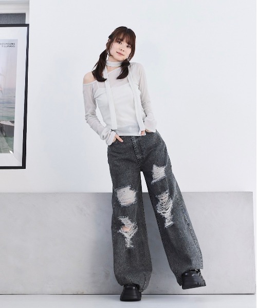 17HR（セブンティーンアワーズ）の「ルーズダメージデニム（デニムパンツ・レディース・ブラック/ブルー・MEDIUM/SMALL）」の19枚目の写真