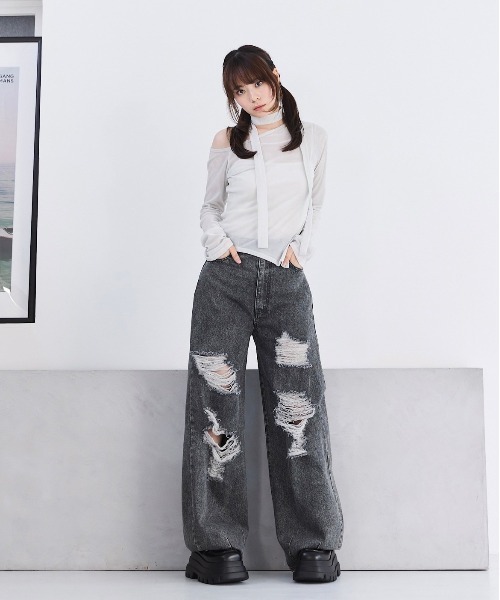 17HR（セブンティーンアワーズ）の「ルーズダメージデニム（デニムパンツ・レディース・ブラック/ブルー・MEDIUM/SMALL）」の17枚目の写真