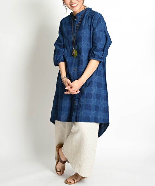 セール】藍染め 7分袖 インディゴロングシャツ（シャツ/ブラウス